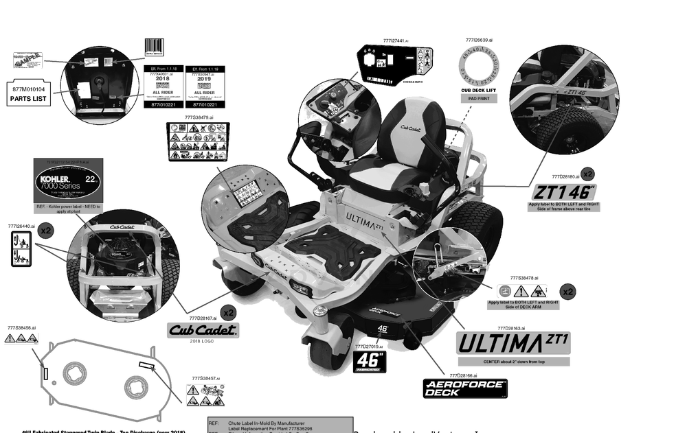 Label Map Diagram and Parts List for ZT1-46KH (17RREACN010)(2019) Cub Cadet Lawn Tractor